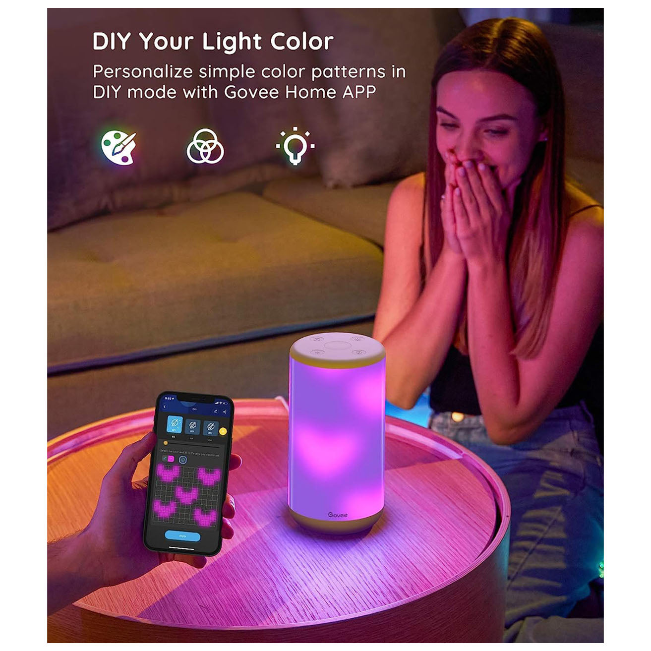 مصباح طاولة Govee RGBIC، مصباح ذكي يعمل مع Alexa، مصباح LED بجانب المصباح مع مزامنة الموسيقى و43 وضعًا للمشهد، مصباح متغير اللون لديكور غرفة النوم، ضوء ليلي خافت (سلك كهربائي) (H6052)