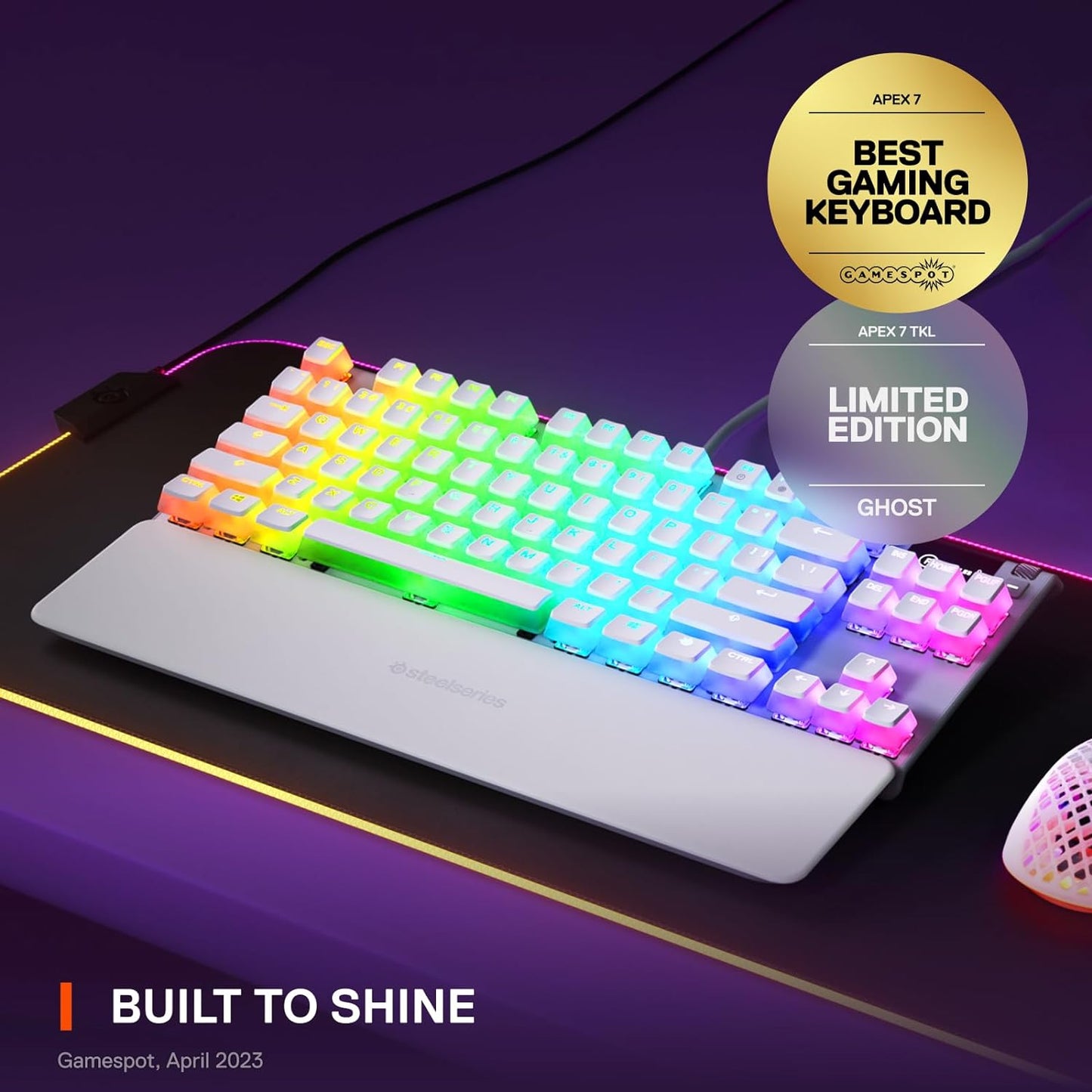 SteelSeries Apex 7 TKL Ghost - لوحة مفاتيح ميكانيكية للألعاب - شاشة OLED الذكية - خطية وهادئة - أغطية مفاتيح Doubleshot PBT Pudding - تخطيط QWERTY الأمريكي