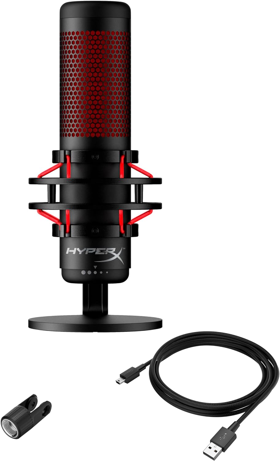 ميكروفون ألعاب مكثف USB من HyperX QuadCast (صندوق مفتوح) للكمبيوتر الشخصي وPS4 وPS5 وMac، مع حامل مضاد للاهتزاز، وأربعة أنماط قطبية، وفلتر بوب، والتحكم في المكسب، والبودكاست، وTwitch، وYouTube، وDiscord، ومصباح LED أحمر