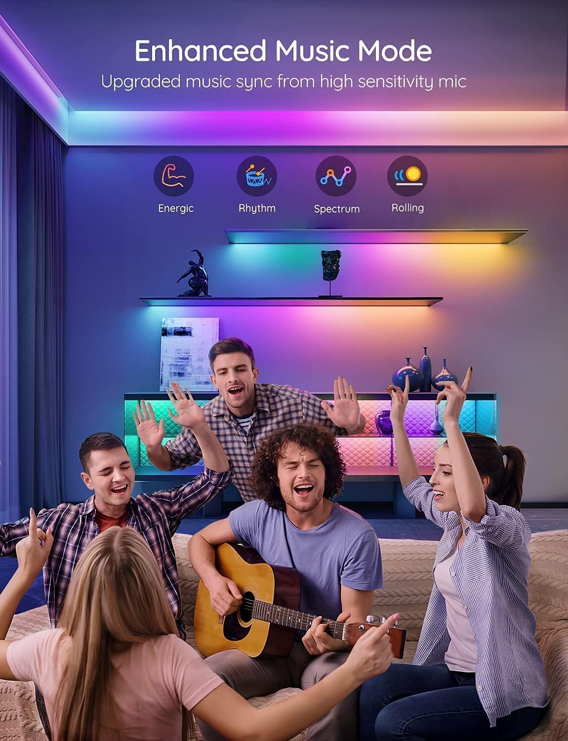 Govee 65.6ft RGBIC LED أضواء الشريط لغرفة النوم H619A، متوافق مع اليكسا الذكية، DIY ألوان متعددة على خط واحد، تغيير اللون، مزامنة الموسيقى، زخرفة المهرجان، 5M