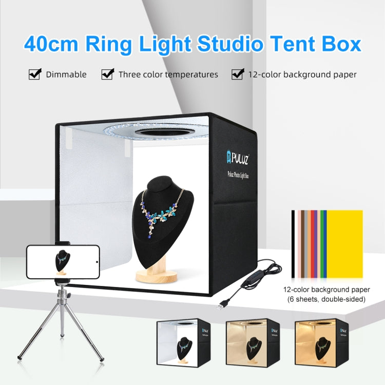 PULUZ 40 سم قابلة للطي المحمولة علبة الصور مصباح مصمم على شكل حلقة USB صندوق إضاءة سوفت بوكس استوديو مجموعة مع 6 × Dualside اللون الخلفيات استوديو الصور