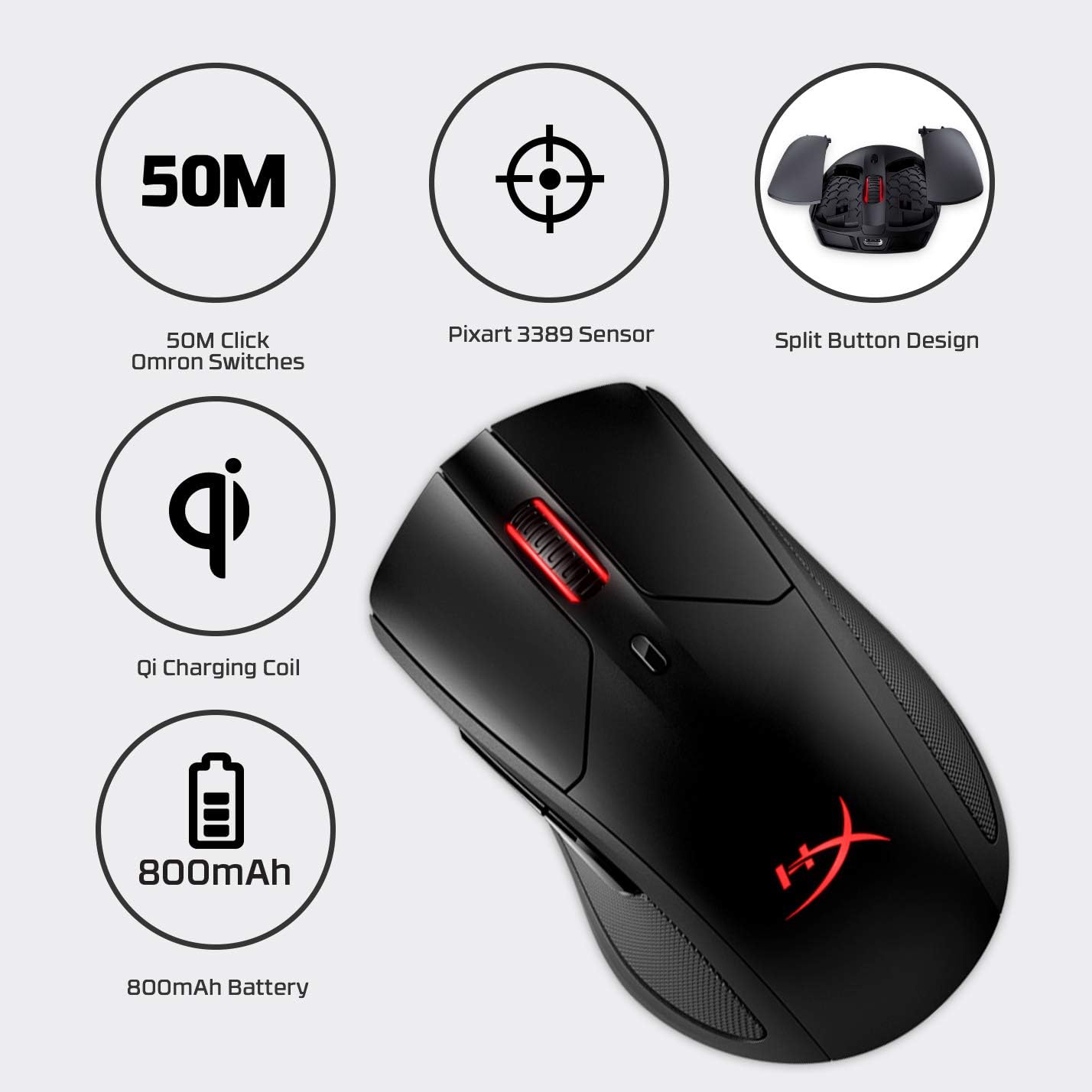 HyperX Pulsefire Dart (OPEN BOX) - ماوس ألعاب RGB لاسلكي، تخصيص التحكم بالبرمجيات، 6 أزرار قابلة للبرمجة، بطارية شحن Qi تصل إلى 50 ساعة - الكمبيوتر الشخصي، PS4، Xbox One متوافق، أسود