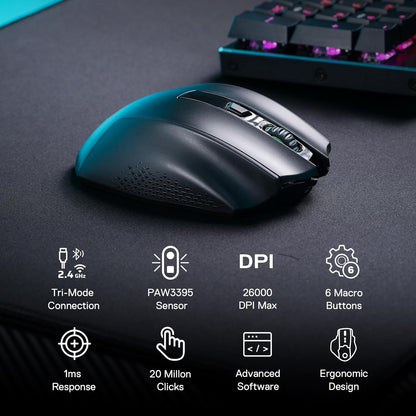 Redragon WOKI M994 ماوس ألعاب بلوتوث لاسلكي WOKI، 26000 نقطة في البوصة ماوس ألعاب سلكي/لاسلكي مع اتصال 3 أوضاع، BT و2.4G لاسلكي، 6 أزرار ماكرو، سعة طاقة متينة للكمبيوتر الشخصي/Mac/الكمبيوتر المحمول