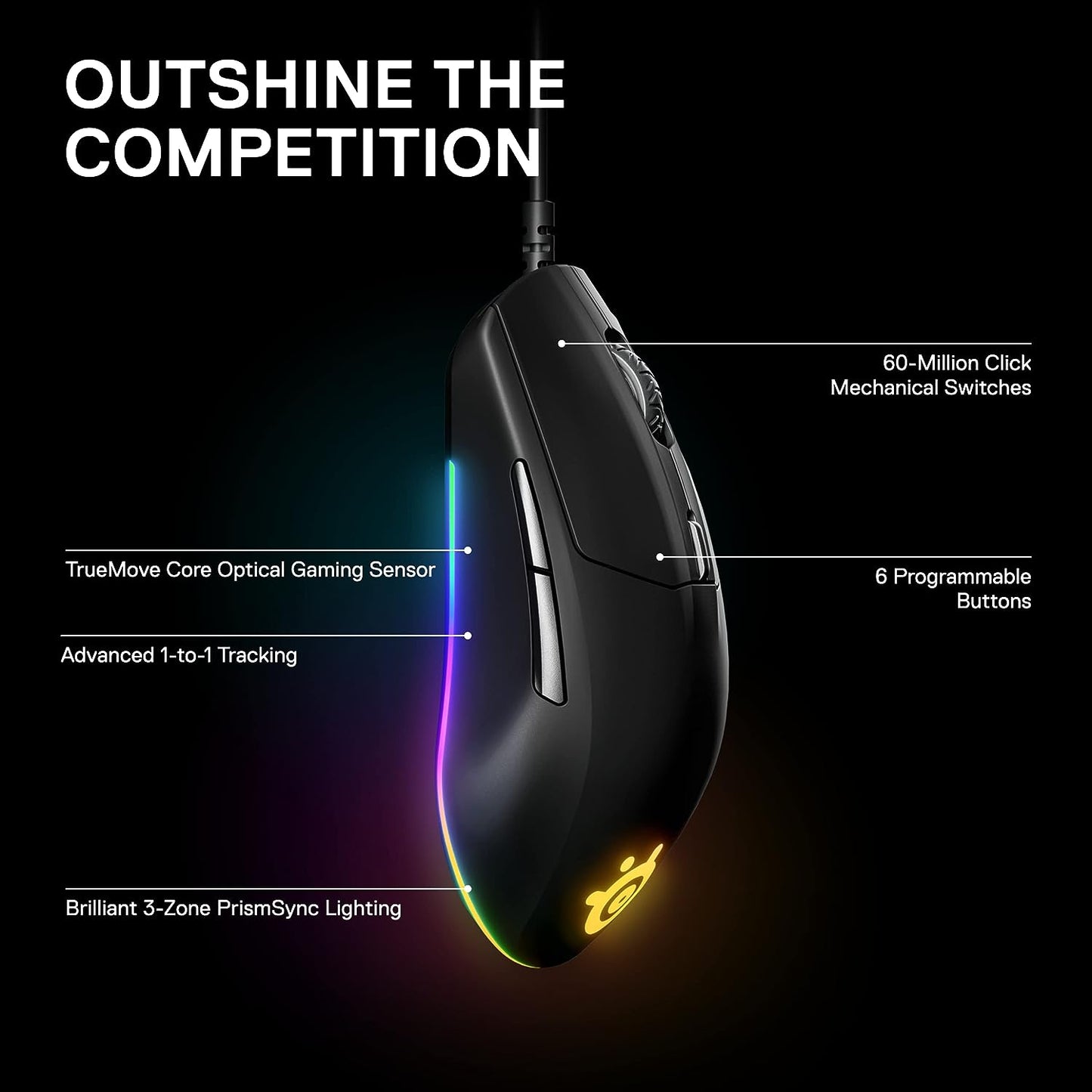 SteelSeries Rival 3 - ماوس الألعاب - مستشعر بصري TrueMove Core 8,500 CPI - 6 أزرار قابلة للبرمجة - أزرار تشغيل منفصلة