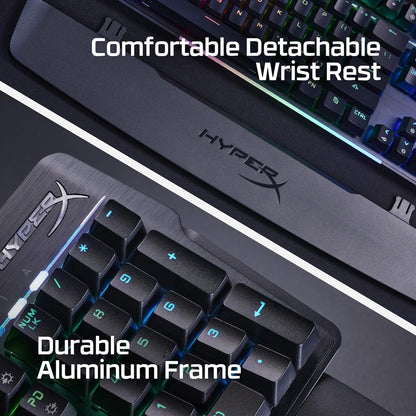 HyperX Alloy MKW100 - لوحة مفاتيح ميكانيكية للألعاب، وإضاءة RGB ديناميكية، وذاكرة مدمجة لحفظ ملفات تعريف الإضاءة، ومفاتيح ميكانيكية مقاومة للغبار، وإطار من الألومنيوم المصقول، ومسند معصم قابل للفصل (صندوق مفتوح)