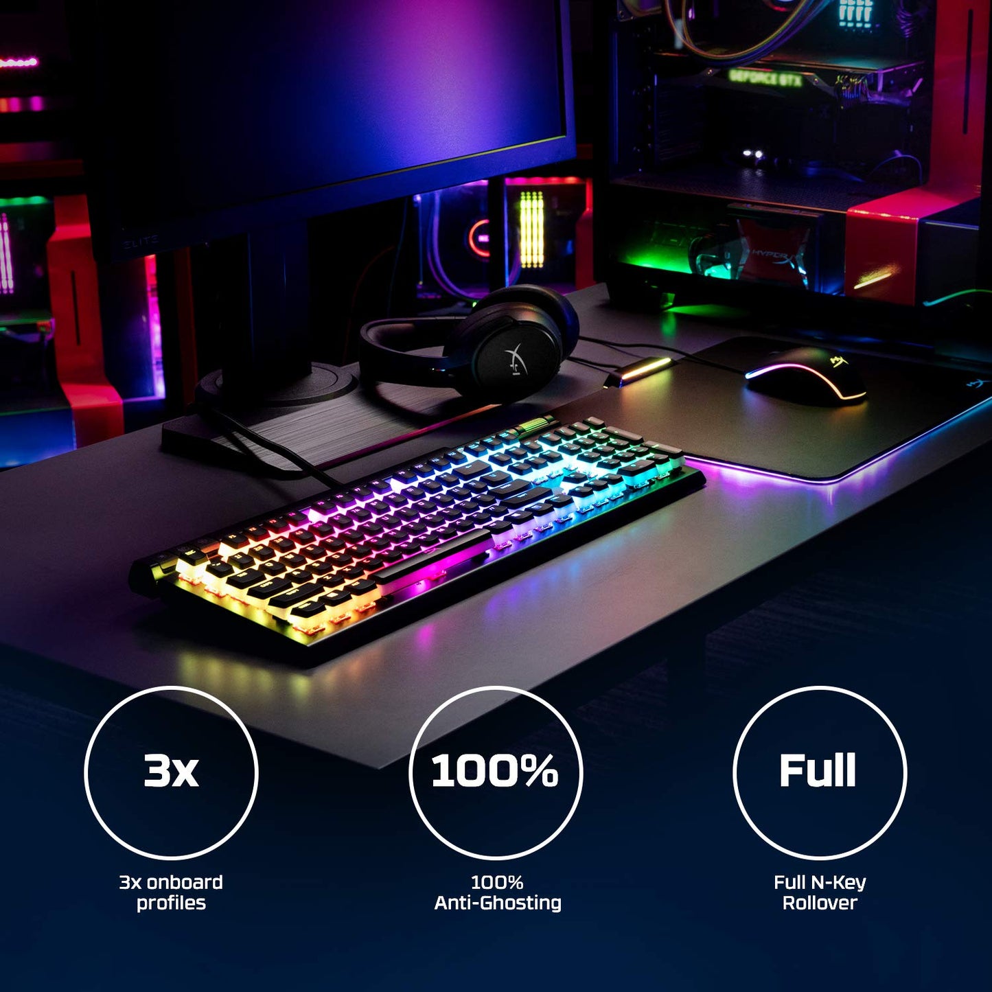 HyperX Alloy Elite 2 - لوحة مفاتيح ميكانيكية للألعاب، إضاءة يتم التحكم فيها بواسطة البرامج وتخصيص ماكرو، أغطية مفاتيح ABS Pudding، عناصر تحكم في الوسائط، إضاءة خلفية LED RGB، مفتاح خطي، HyperX Red، Black (صندوق مفتوح)