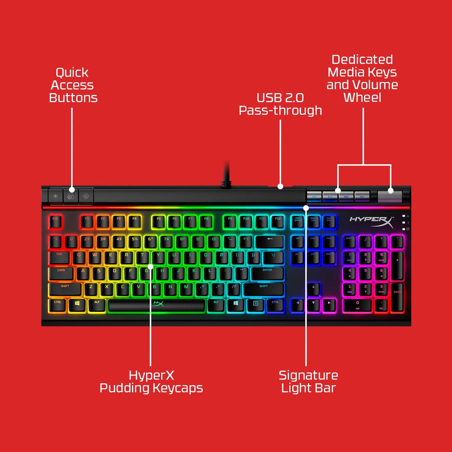 HyperX Alloy Elite 2 - لوحة مفاتيح ميكانيكية للألعاب، إضاءة يتم التحكم فيها بواسطة البرامج وتخصيص ماكرو، أغطية مفاتيح ABS Pudding، عناصر تحكم في الوسائط، إضاءة خلفية LED RGB، مفتاح خطي، HyperX Red، Black (صندوق مفتوح)