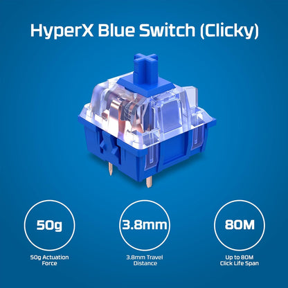 HyperX Alloy Origins PBT - لوحة مفاتيح ميكانيكية للألعاب، أغطية مفاتيح PBT، إضاءة RGB، مدمج، هيكل من الألومنيوم، أقدام قابلة للتعديل، قابلة للتخصيص مع HyperX NGENUITY، ذاكرة مدمجة - مفتاح HyperX Clicky Blue (صندوق مفتوح)
