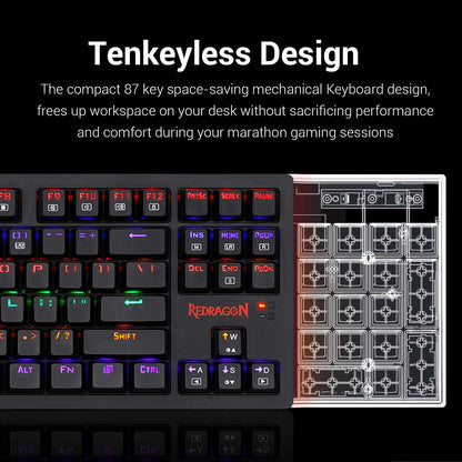 Redragon K598 TKL لوحة مفاتيح ميكانيكية لاسلكية بني مفاتيح مدمجة 87 مفتاح بدون مفتاح RGB LED لوحة مفاتيح ألعاب بإضاءة خلفية لأجهزة الكمبيوتر التي تعمل بنظام Windows