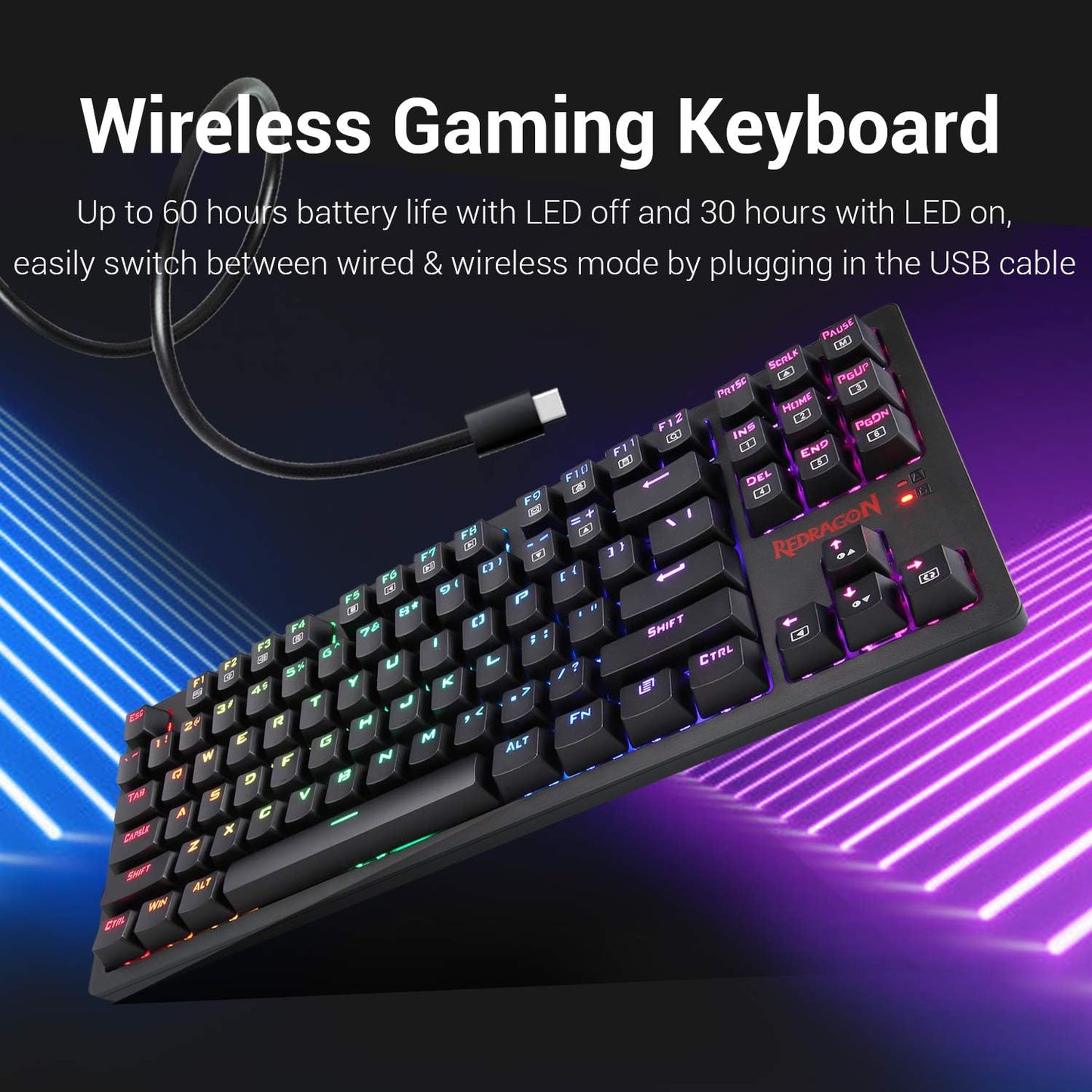 Redragon K598 TKL لوحة مفاتيح ميكانيكية لاسلكية بني مفاتيح مدمجة 87 مفتاح بدون مفتاح RGB LED لوحة مفاتيح ألعاب بإضاءة خلفية لأجهزة الكمبيوتر التي تعمل بنظام Windows