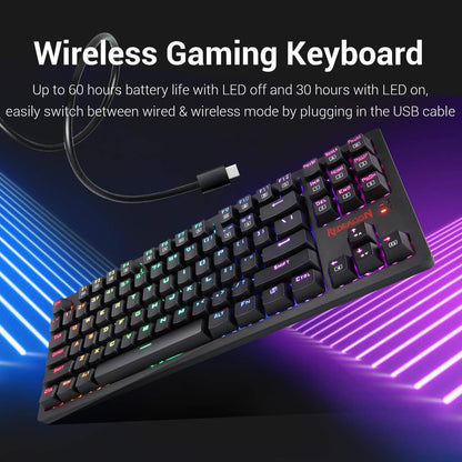 Redragon K598 TKL لوحة مفاتيح ميكانيكية لاسلكية بني مفاتيح مدمجة 87 مفتاح بدون مفتاح RGB LED لوحة مفاتيح ألعاب بإضاءة خلفية لأجهزة الكمبيوتر التي تعمل بنظام Windows