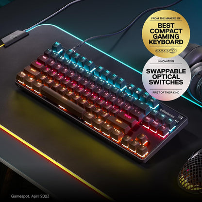 SteelSeries Apex 9 TKL - لوحة مفاتيح ميكانيكية للألعاب - مفاتيح بصرية - تشغيل بنقطتين - عامل شكل مدمج للرياضات الإلكترونية بدون مفتاح - مفاتيح قابلة للتبديل السريع - تخطيط QWERTY باللغة الإنجليزية
