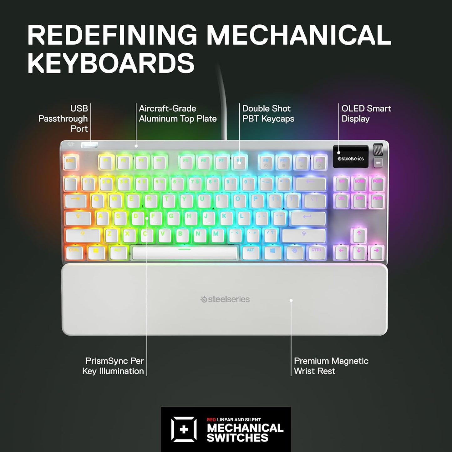 SteelSeries Apex 7 TKL Ghost - لوحة مفاتيح ميكانيكية للألعاب - شاشة OLED الذكية - خطية وهادئة - أغطية مفاتيح Doubleshot PBT Pudding - تخطيط QWERTY الأمريكي