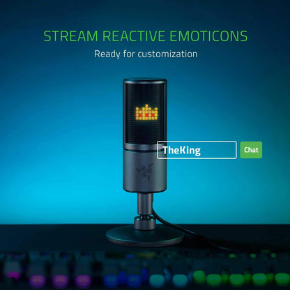 ميكروفون بث Razer Seiren Emote: شاشة LED للوجوه التعبيرية 8 بت، وجوه تعبيرية تفاعلية، ميكروفون مكثف Hypercardioid، حامل صدمات مدمج، حامل قابل للتعديل في الارتفاع والزاوية، أسود كلاسيكي