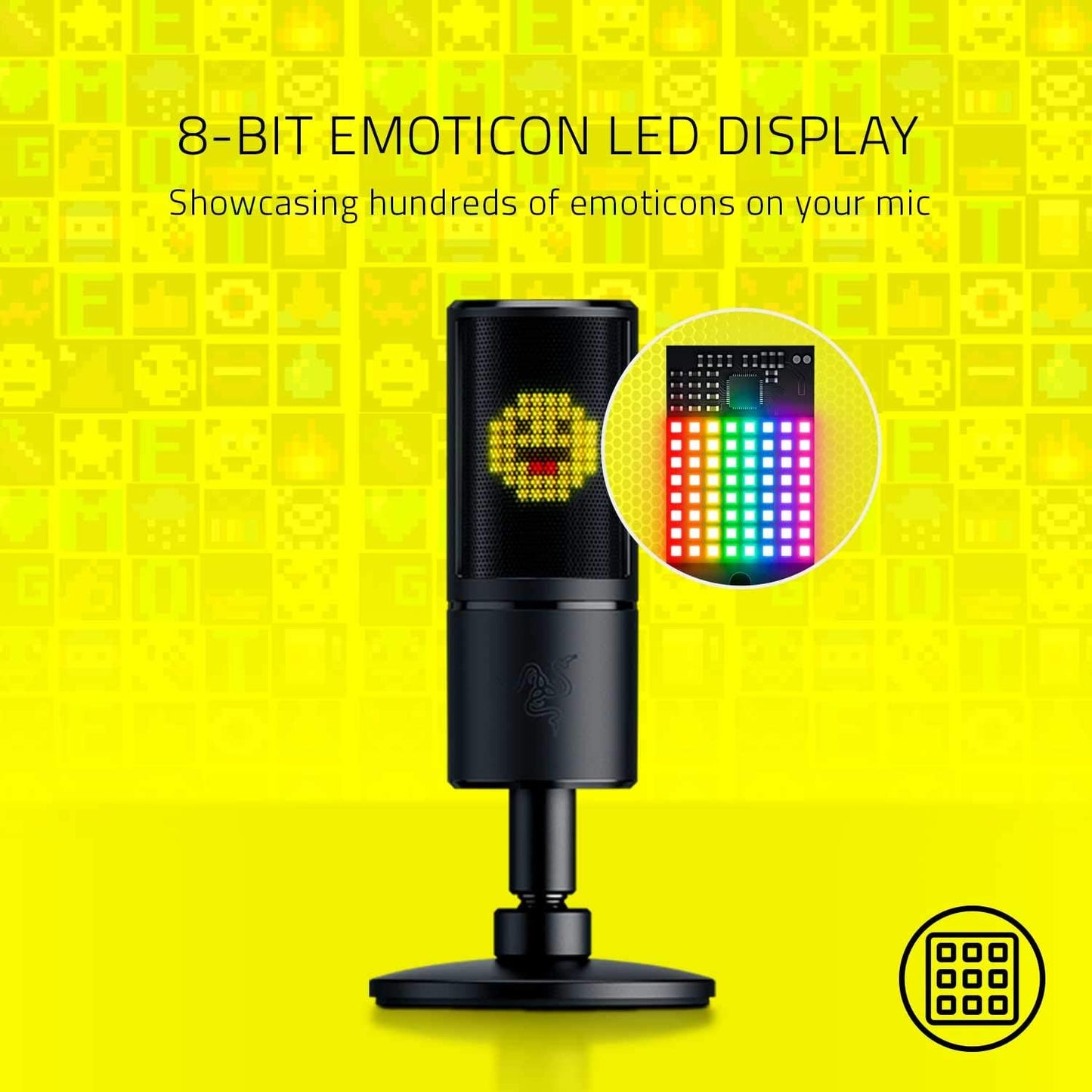 ميكروفون بث Razer Seiren Emote: شاشة LED للوجوه التعبيرية 8 بت، وجوه تعبيرية تفاعلية، ميكروفون مكثف Hypercardioid، حامل صدمات مدمج، حامل قابل للتعديل في الارتفاع والزاوية، أسود كلاسيكي