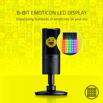 ميكروفون بث Razer Seiren Emote: شاشة LED للوجوه التعبيرية 8 بت، وجوه تعبيرية تفاعلية، ميكروفون مكثف Hypercardioid، حامل صدمات مدمج، حامل قابل للتعديل في الارتفاع والزاوية، أسود كلاسيكي