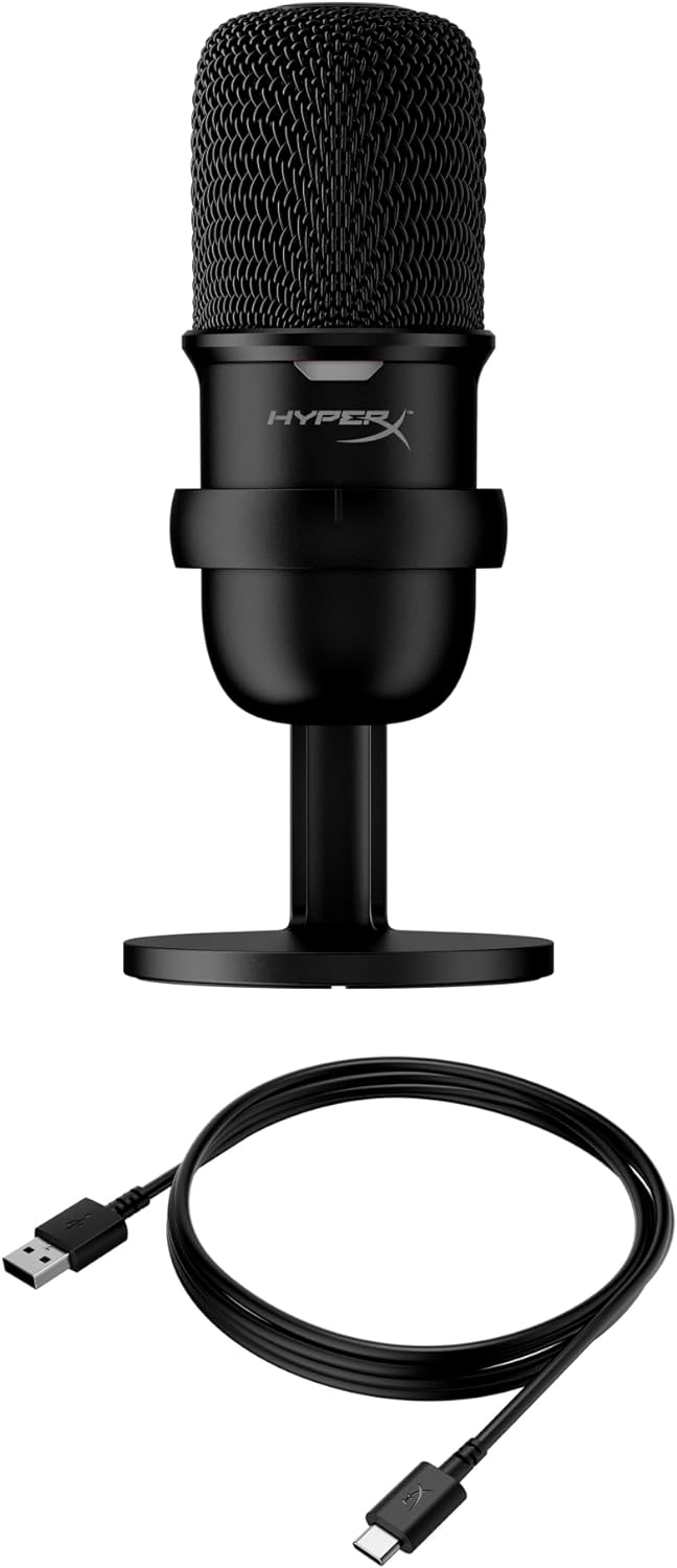 ميكروفون ألعاب مكثف USB من HyperX SoloCast (صندوق مفتوح) لأجهزة الكمبيوتر الشخصية وPS4 وPS5 وMac، مستشعر كتم الصوت بنقرة واحدة، نمط قطبي قلبي، رائع للبث المباشر والبودكاست وTwitch وYouTube وDiscord، لون أسود