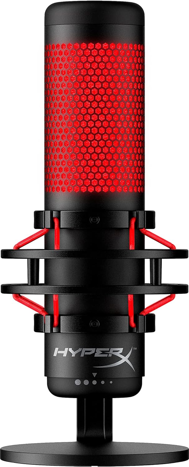 ميكروفون ألعاب مكثف USB من HyperX QuadCast (صندوق مفتوح) للكمبيوتر الشخصي وPS4 وPS5 وMac، مع حامل مضاد للاهتزاز، وأربعة أنماط قطبية، وفلتر بوب، والتحكم في المكسب، والبودكاست، وTwitch، وYouTube، وDiscord، ومصباح LED أحمر