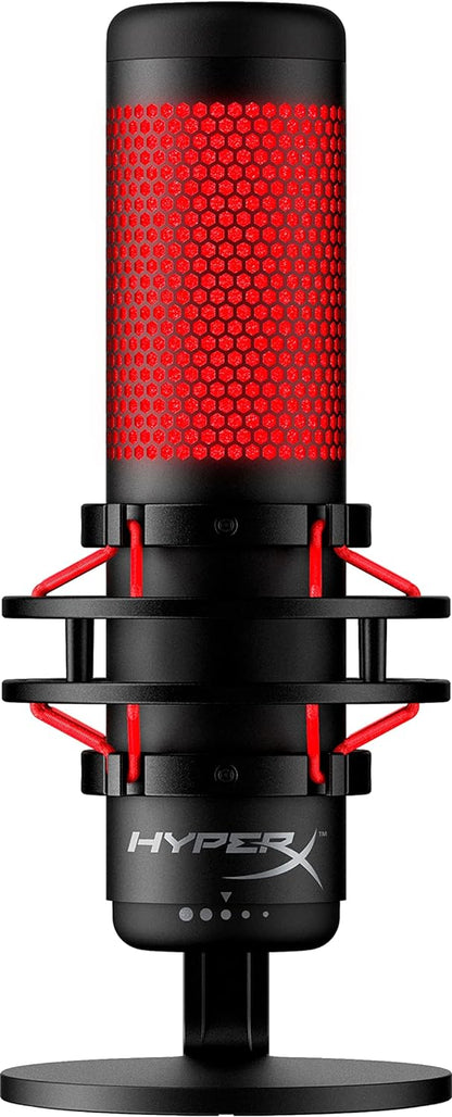 ميكروفون ألعاب مكثف USB من HyperX QuadCast (صندوق مفتوح) للكمبيوتر الشخصي وPS4 وPS5 وMac، مع حامل مضاد للاهتزاز، وأربعة أنماط قطبية، وفلتر بوب، والتحكم في المكسب، والبودكاست، وTwitch، وYouTube، وDiscord، ومصباح LED أحمر