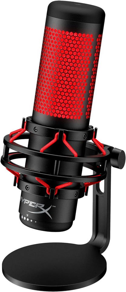 ميكروفون ألعاب مكثف USB من HyperX QuadCast (صندوق مفتوح) للكمبيوتر الشخصي وPS4 وPS5 وMac، مع حامل مضاد للاهتزاز، وأربعة أنماط قطبية، وفلتر بوب، والتحكم في المكسب، والبودكاست، وTwitch، وYouTube، وDiscord، ومصباح LED أحمر