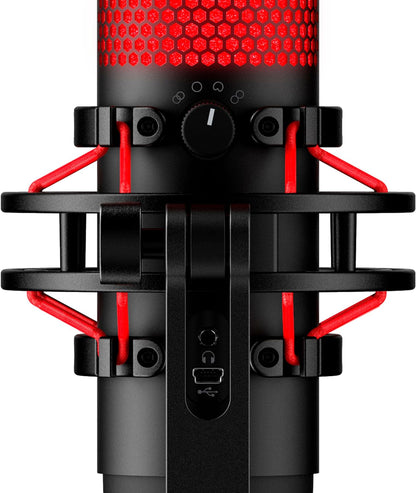 ميكروفون ألعاب مكثف USB من HyperX QuadCast (صندوق مفتوح) للكمبيوتر الشخصي وPS4 وPS5 وMac، مع حامل مضاد للاهتزاز، وأربعة أنماط قطبية، وفلتر بوب، والتحكم في المكسب، والبودكاست، وTwitch، وYouTube، وDiscord، ومصباح LED أحمر