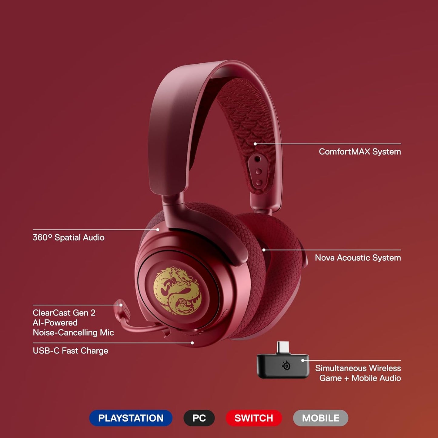 سماعة الألعاب اللاسلكية SteelSeries Arctis Nova 7 متعددة المنصات - إصدار Dragon - مجموعتان من لوحات مكبرات الصوت - لاسلكية مزدوجة 2.4 جيجا هرتز وبلوتوث - بطارية شحن سريع 38 ساعة - الكمبيوتر الشخصي، بلاي ستيشن، ماك، الهاتف المحمول، سويتش