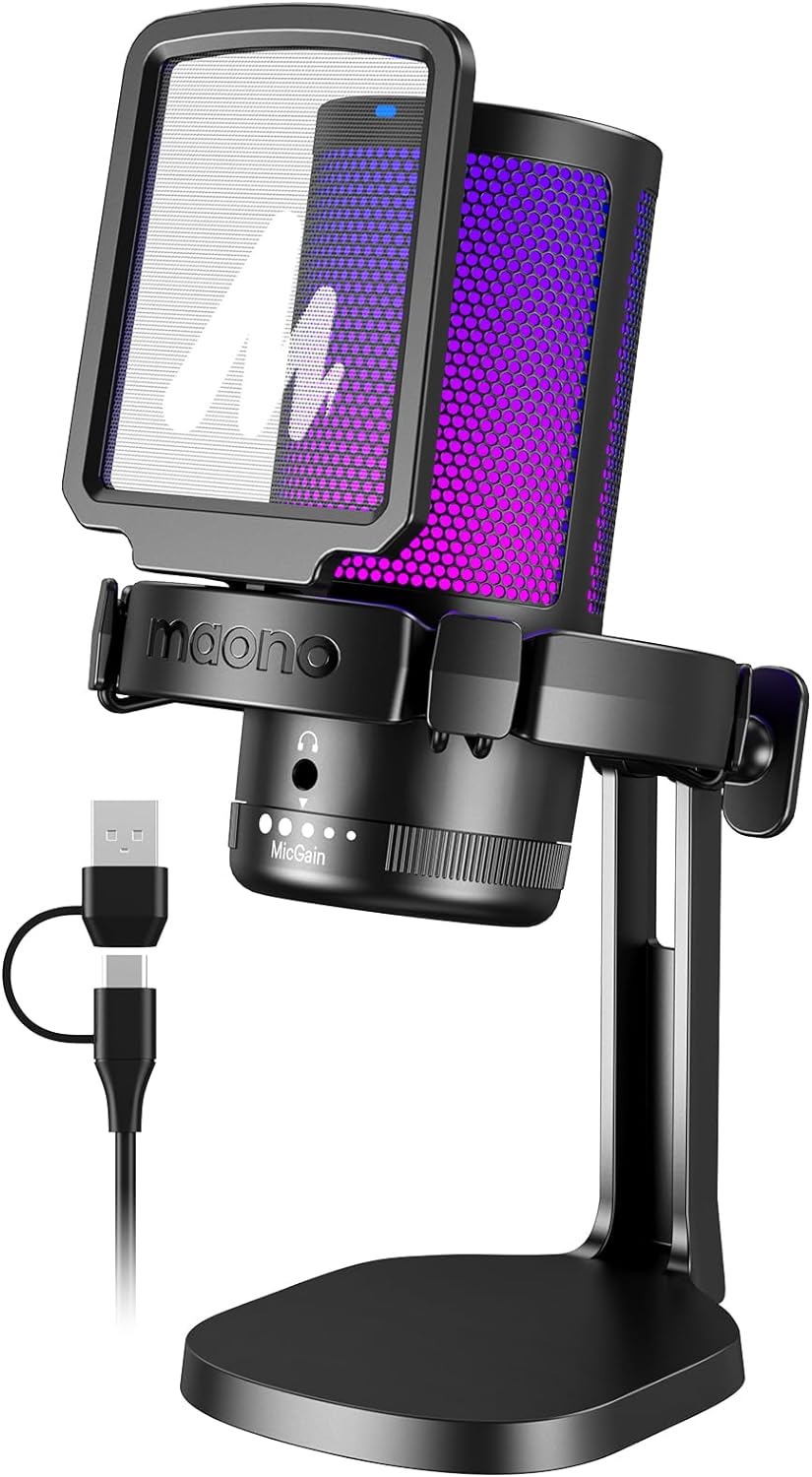 ميكروفون ألعاب USB من MAONO للكمبيوتر الشخصي، ميكروفون مكثف لإلغاء الضوضاء مع أضواء RGB، كتم الصوت، مكسب للبث المباشر والتسجيل والبودكاست والدردشة وTwitch وYouTube وDiscord والكمبيوتر وPS5 وPS4 وGamerWave باللون الأسود
