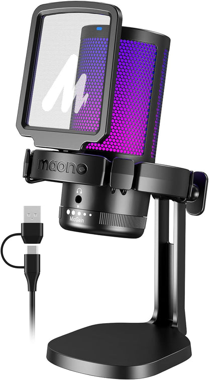 ميكروفون ألعاب USB من MAONO للكمبيوتر الشخصي، ميكروفون مكثف لإلغاء الضوضاء مع أضواء RGB، كتم الصوت، مكسب للبث المباشر والتسجيل والبودكاست والدردشة وTwitch وYouTube وDiscord والكمبيوتر وPS5 وPS4 وGamerWave باللون الأسود
