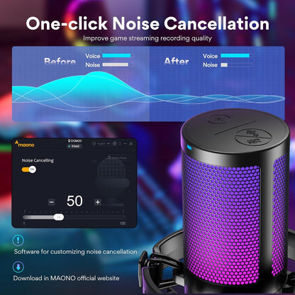 ميكروفون ألعاب USB من MAONO للكمبيوتر الشخصي، ميكروفون مكثف لإلغاء الضوضاء مع أضواء RGB، كتم الصوت، مكسب للبث المباشر والتسجيل والبودكاست والدردشة وTwitch وYouTube وDiscord والكمبيوتر وPS5 وPS4 وGamerWave باللون الأسود