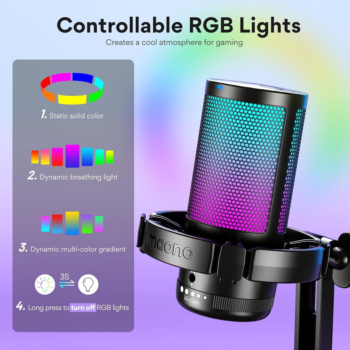ميكروفون ألعاب USB من MAONO للكمبيوتر الشخصي، ميكروفون مكثف لإلغاء الضوضاء مع أضواء RGB، كتم الصوت، مكسب للبث المباشر والتسجيل والبودكاست والدردشة وTwitch وYouTube وDiscord والكمبيوتر وPS5 وPS4 وGamerWave باللون الأسود
