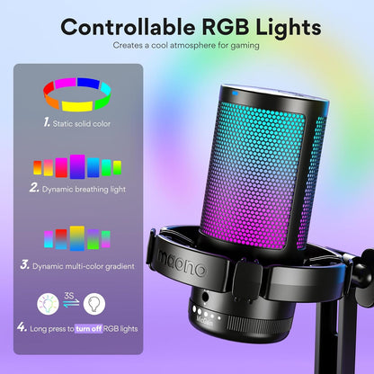 ميكروفون ألعاب USB من MAONO للكمبيوتر الشخصي، ميكروفون مكثف لإلغاء الضوضاء مع أضواء RGB، كتم الصوت، مكسب للبث المباشر والتسجيل والبودكاست والدردشة وTwitch وYouTube وDiscord والكمبيوتر وPS5 وPS4 وGamerWave باللون الأسود