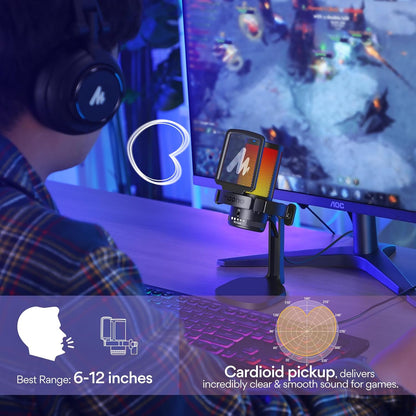 ميكروفون ألعاب USB من MAONO للكمبيوتر الشخصي، ميكروفون مكثف لإلغاء الضوضاء مع أضواء RGB، كتم الصوت، مكسب للبث المباشر والتسجيل والبودكاست والدردشة وTwitch وYouTube وDiscord والكمبيوتر وPS5 وPS4 وGamerWave باللون الأسود
