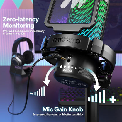 ميكروفون ألعاب USB من MAONO للكمبيوتر الشخصي، ميكروفون مكثف لإلغاء الضوضاء مع أضواء RGB، كتم الصوت، مكسب للبث المباشر والتسجيل والبودكاست والدردشة وTwitch وYouTube وDiscord والكمبيوتر وPS5 وPS4 وGamerWave باللون الأسود
