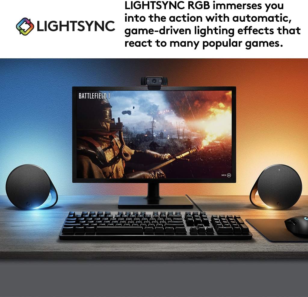 نظام مكبر صوت للألعاب Logitech G560 PC مع صوت محيطي 7.1 DTS:X فائق، LIGHTSYNC RGB قائم على اللعبة، مكبري صوت ومضخم صوت، بلوتوث، USB، تجربة ألعاب غامرة - أسود