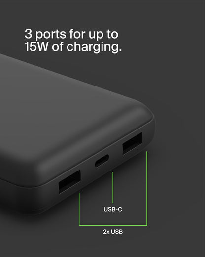 بطارية بيلكين 20K Boost Charge الخارجية مع كابل USB-A إلى USB-C باللون الأسود