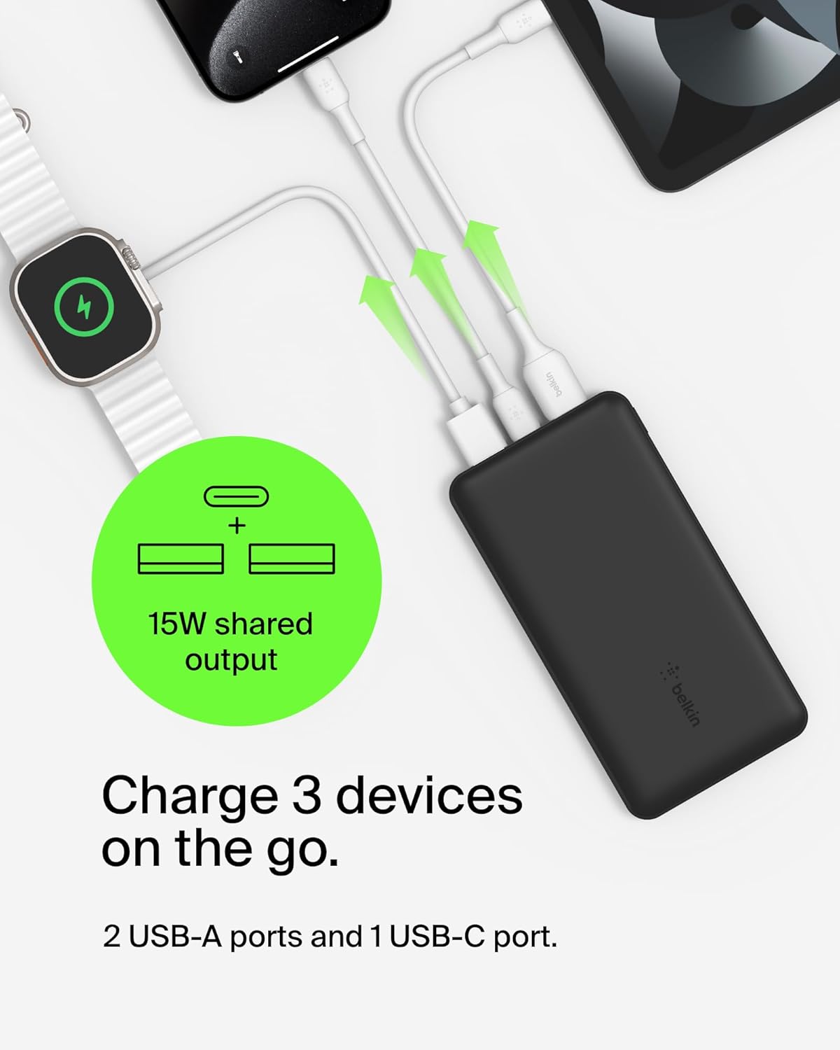 بطارية بيلكين 20K Boost Charge الخارجية مع كابل USB-A إلى USB-C باللون الأسود