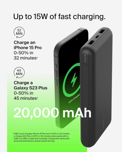 بطارية بيلكين 20K Boost Charge الخارجية مع كابل USB-A إلى USB-C باللون الأسود