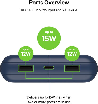 بطارية بيلكين 20K Boost Charge الخارجية مع كابل USB-A إلى USB-C باللون الأزرق