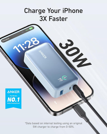 بنك طاقة Anker، شاحن محمول Power IQ 3.0 مع مخرج PD 30W Max (PowerCore 30W)، حزمة بطارية 10,000 مللي أمبير في الساعة لهواتف iPhone 15/15 Plus/15 Pro/15 Pro Max وMacBook وDell وMicrosoft Surface والمزيد باللون الأزرق