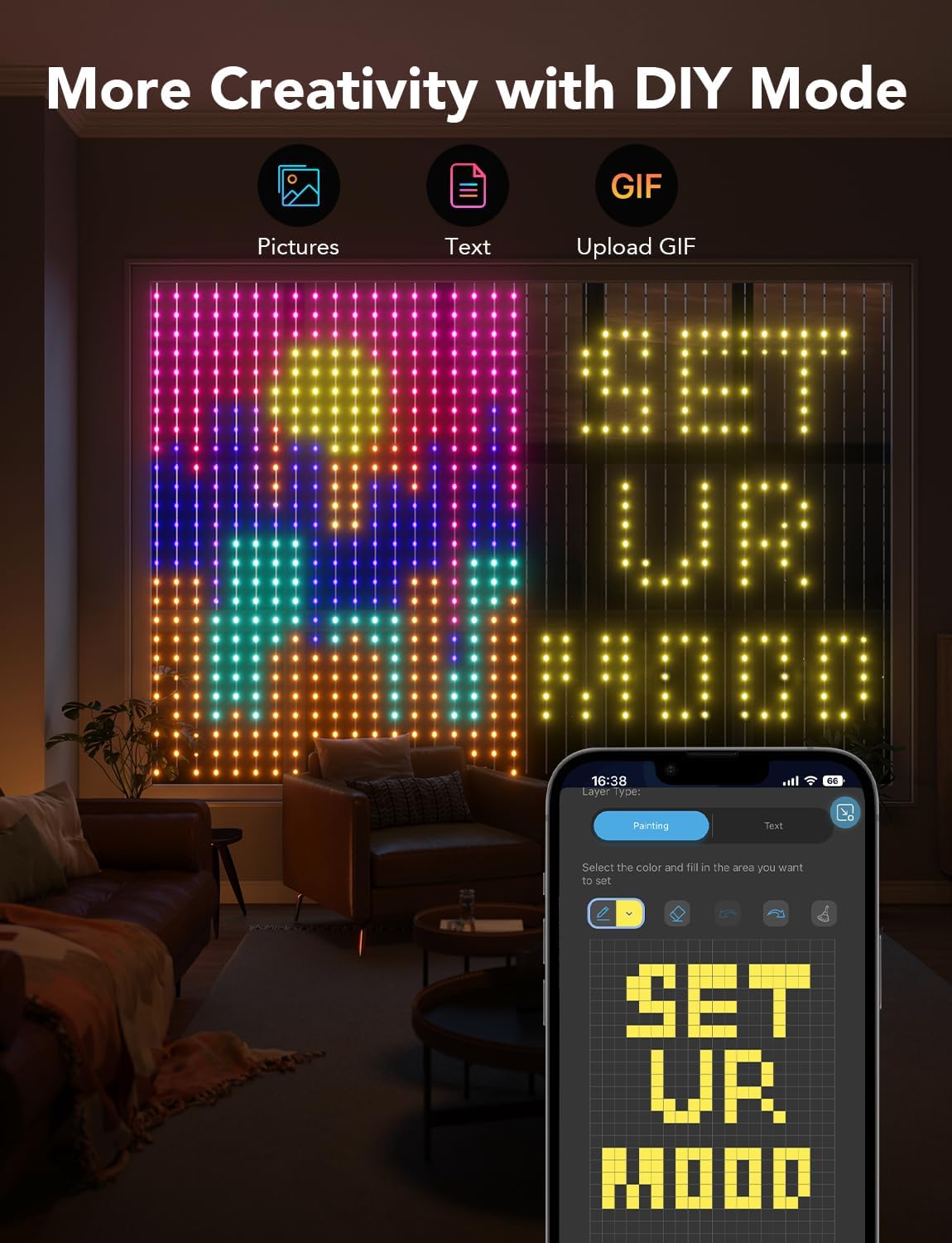 أضواء ستارة ذكية Govee WiFi، LED متغيرة اللون، مقاومة للماء IP65، 520 مصباح LED RGBIC (5x6.6 قدم)