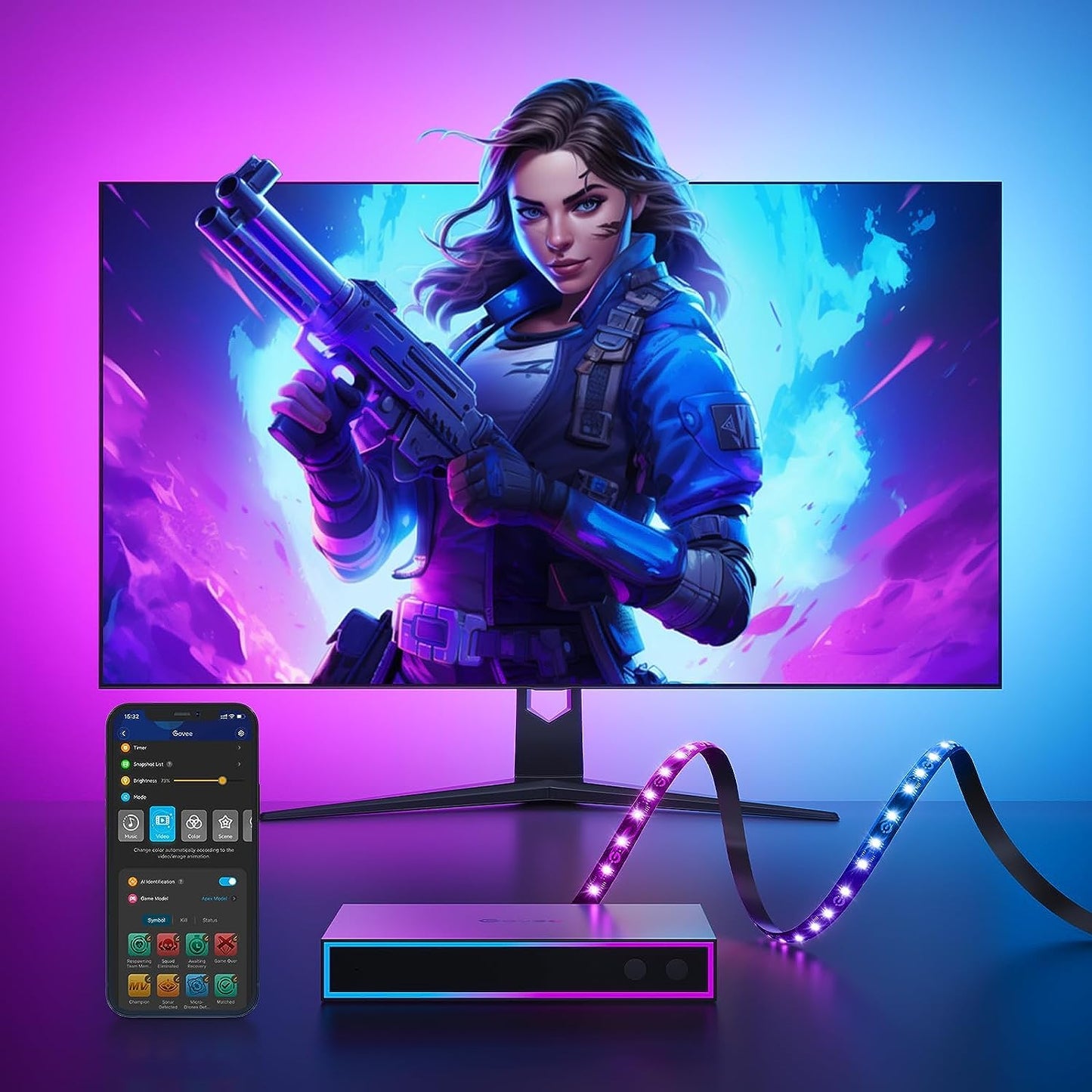 مجموعة Govee AI Gaming Sync Box من إضاءة Ambilight التكيفية لقطر 55-65 بوصة، (H6602)
