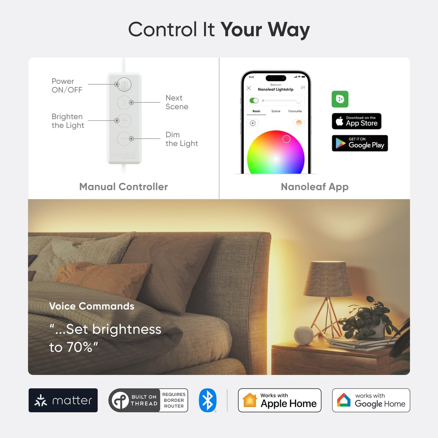 مجموعة Nanoleaf Essentials WiFi Bluetooth & Thread Smart LED Lightstrip 80 بوصة (2 متر) - RGB والأبيض، التطبيق والتحكم الصوتي (يعمل مع Apple Home، Google Home، Samsung SmartThings)