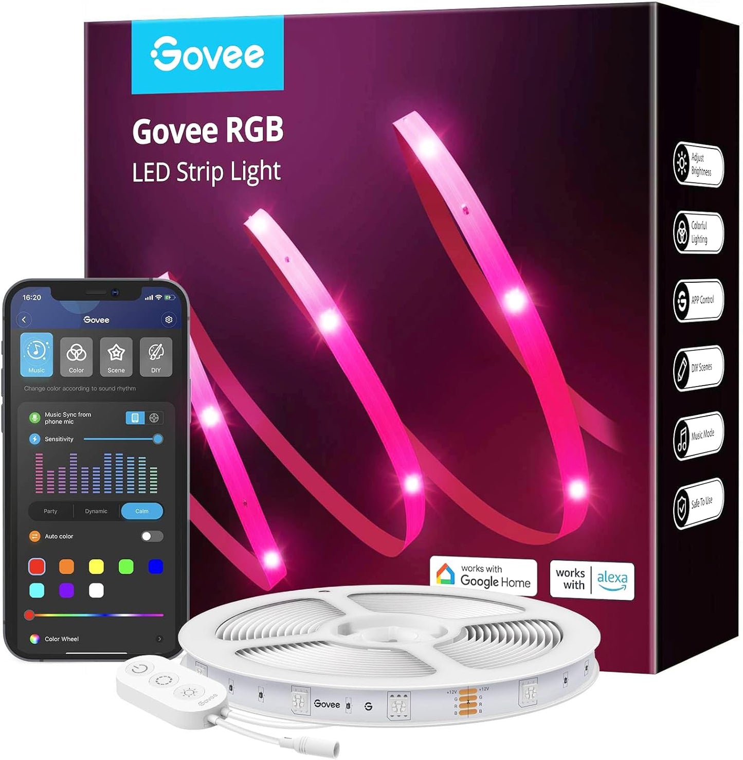 مصابيح شريط LED ذكية Govee 30M H615E، مصابيح LED WiFi RGB تعمل مع Alexa ومساعد Google، شريط إضاءة متغير اللون مع مزامنة الموسيقى، أضواء LED يتم التحكم فيها من خلال التطبيق لغرفة النوم والحفلات وغرفة المعيشة