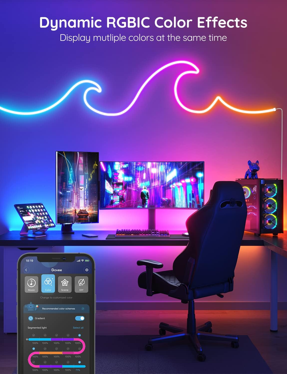 مصابيح حبل Govee Neon RGBIC مع مزامنة الموسيقى، تصميم DIY، تعمل مع Alexa، مساعد Google، أضواء شريط LED 3M للألعاب، ديكور غرفة النوم وغرفة المعيشة H61A0