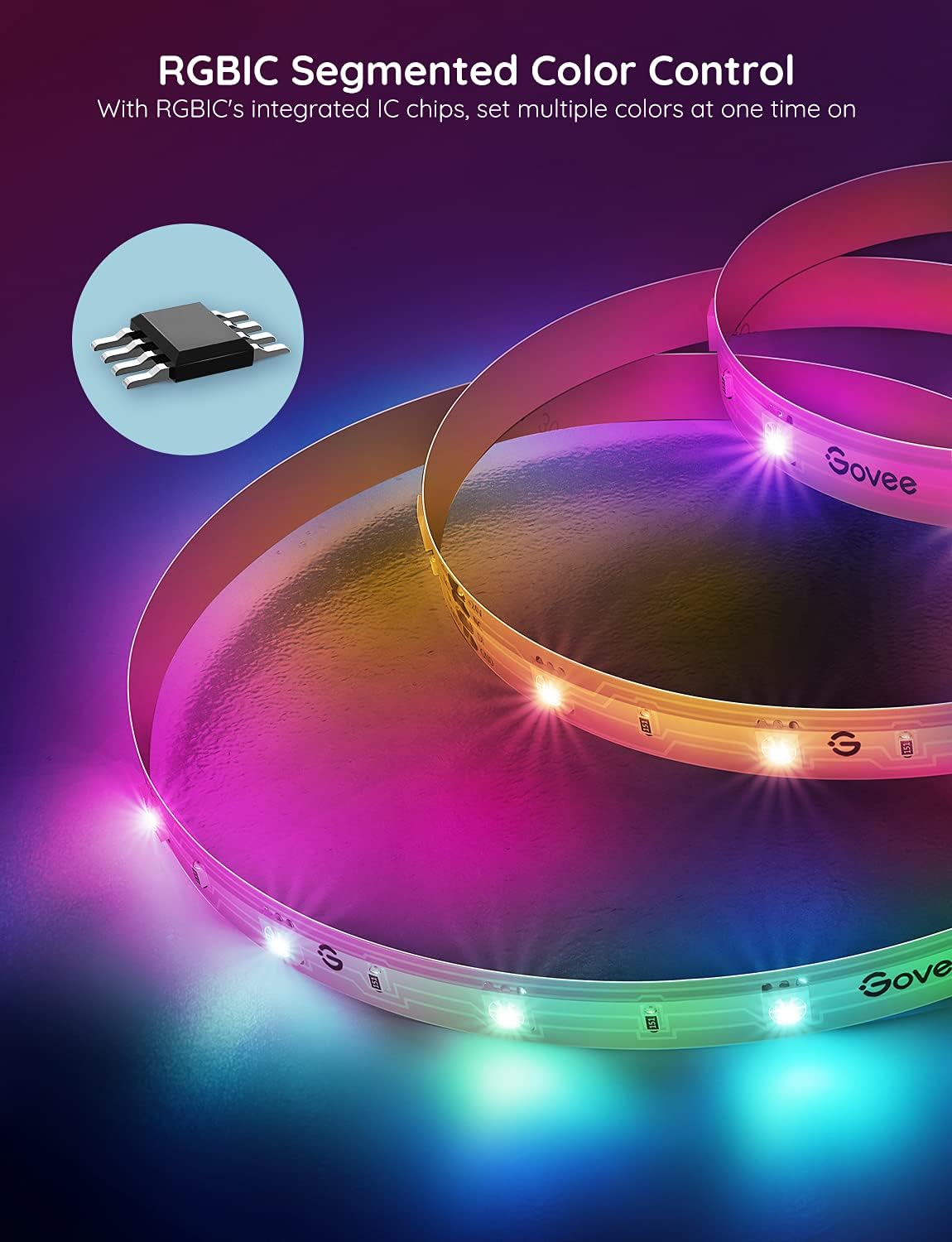 Govee 30M RGBIC LED Strip Lights، تعمل مصابيح LED الذكية مع Alexa و Google Assistant، التحكم في تطبيق WiFi مجزأ DIY بألوان متعددة، أضواء متغيرة الألوان مزامنة الموسيقى، أضواء LED لعيد الميلاد H618F