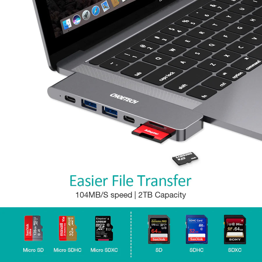 محول موزع يو إس بي من النوع سي 7 في 1 من CHOETECH HUB-M14 مزود بمنفذ HDMI بدقة 4K ومنفذي يو إس بي 3.0 وتوصيل طاقة يو إس بي سي بقوة 100 وات، ميكرو