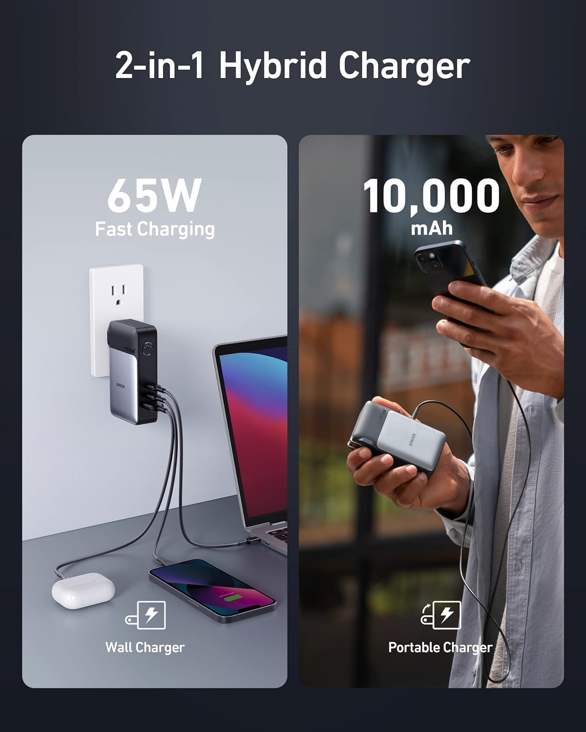 باور بانك Anker GaNPrime، شاحن هجين 2 في 1، شاحن محمول USB-C بقدرة 10,000 مللي أمبير في الساعة 30 وات مع شاحن حائط بقدرة 65 وات، يعمل مع iPhone 15/15 Plus/15 Pro/15 Pro Max/14/13 وSamsung وPixel وMacBook ، ديل