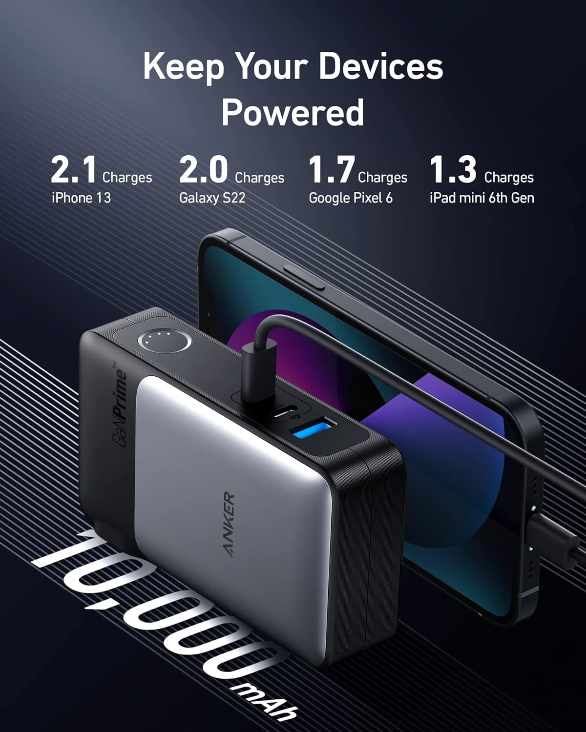 باور بانك Anker GaNPrime، شاحن هجين 2 في 1، شاحن محمول USB-C بقدرة 10,000 مللي أمبير في الساعة 30 وات مع شاحن حائط بقدرة 65 وات، يعمل مع iPhone 15/15 Plus/15 Pro/15 Pro Max/14/13 وSamsung وPixel وMacBook ، ديل
