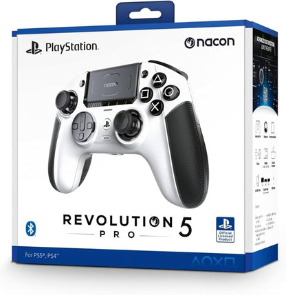 وحدة تحكم الألعاب اللاسلكية NACON Revolution 5 Pro المرخصة رسميًا لأجهزة PS5 / PS4 / الكمبيوتر الشخصي - تأثير القاعة، توقف الزناد، أزرار قابلة للتخطيط، صوت بلوتوث - أسود/أبيض